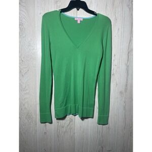 Lilly Pulitzer Adelaide Women's Small V-Neck Flip Cuff Green Sweater Embroidered